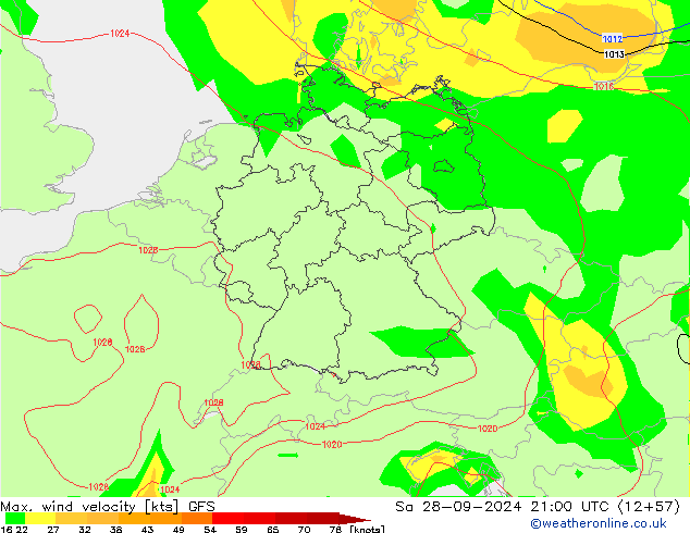 Max. wind velocity GFS sáb 28.09.2024 21 UTC