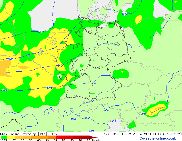 Max. wind velocity GFS Su 06.10.2024 00 UTC