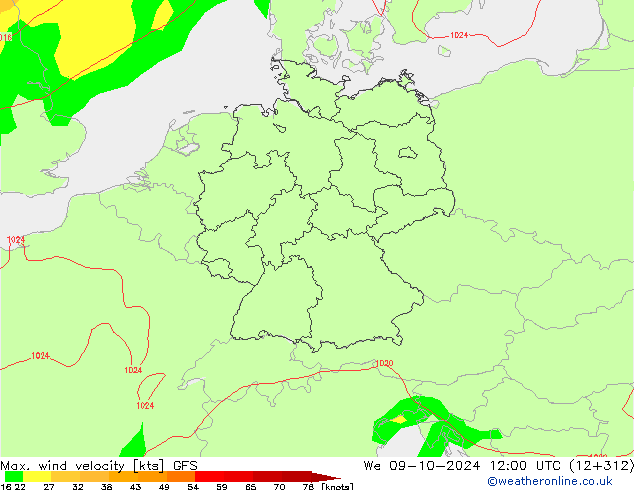 Max. wind velocity GFS Qua 09.10.2024 12 UTC
