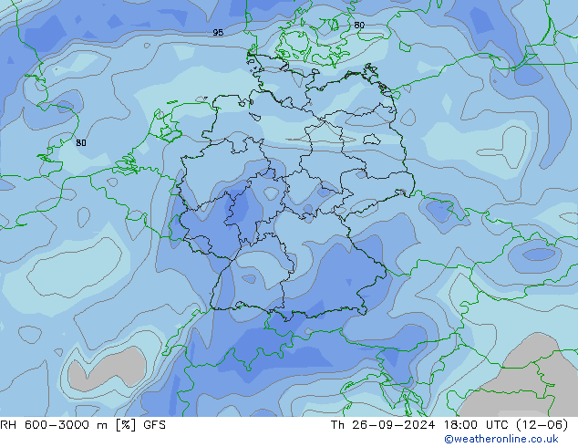 Humedad rel. 600-3000m GFS jue 26.09.2024 18 UTC