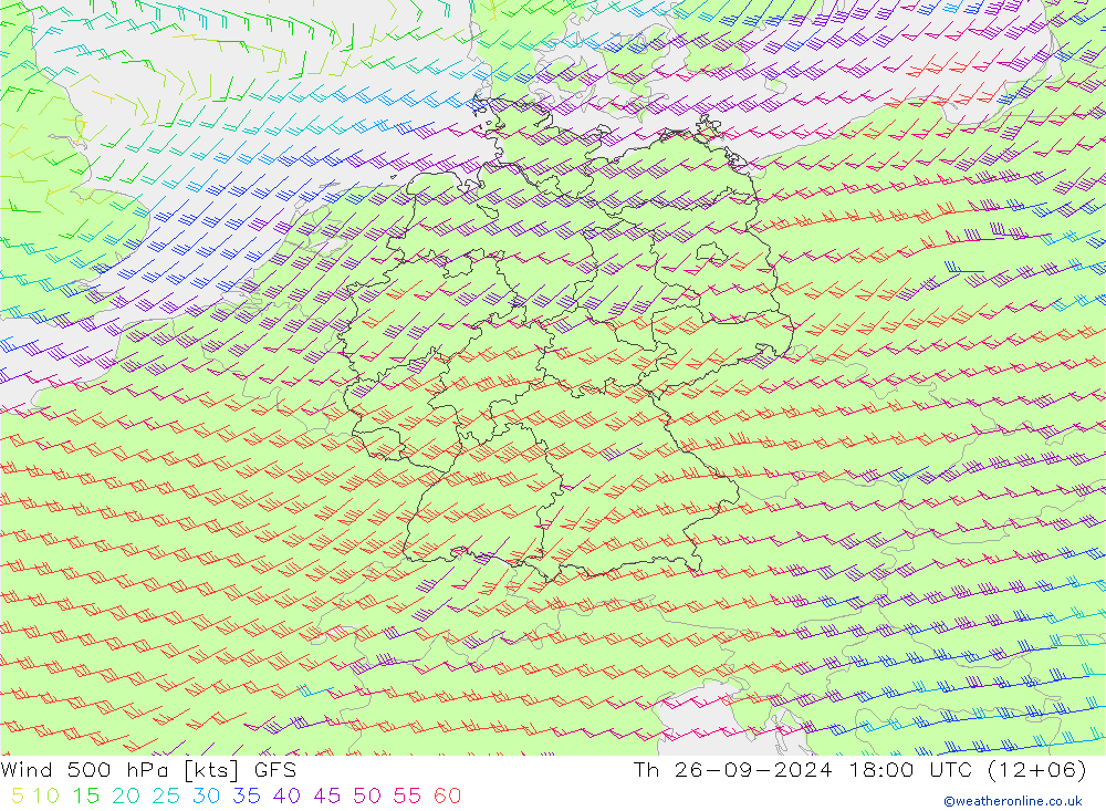 Vento 500 hPa GFS gio 26.09.2024 18 UTC