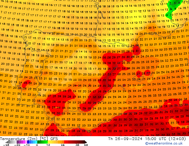 Temperatura (2m) GFS gio 26.09.2024 15 UTC