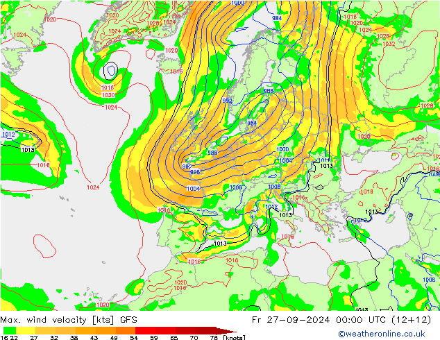 Max. wind velocity GFS ven 27.09.2024 00 UTC