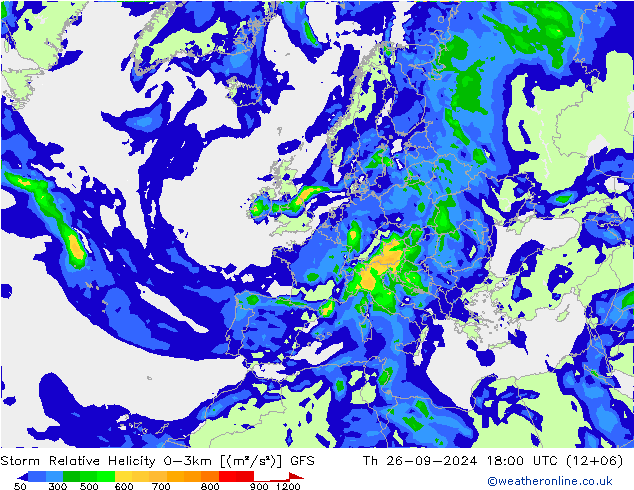 Storm Relative Helicity GFS 星期四 26.09.2024 18 UTC