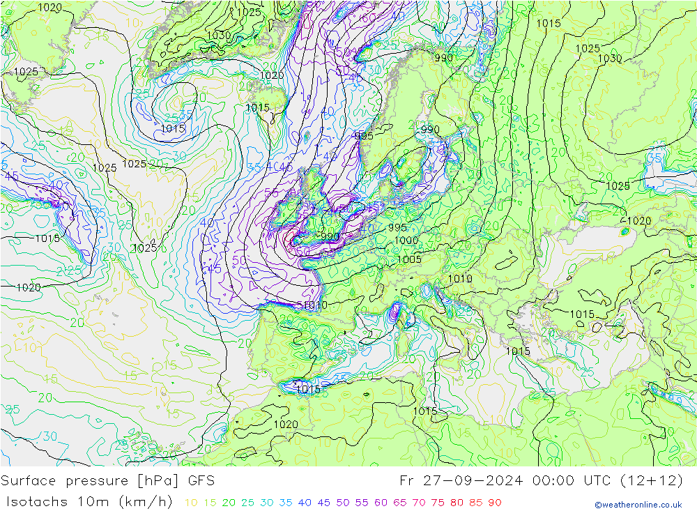 Isotachs (kph) GFS Fr 27.09.2024 00 UTC