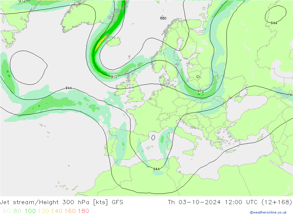 Jet stream/Height 300 hPa GFS Čt 03.10.2024 12 UTC