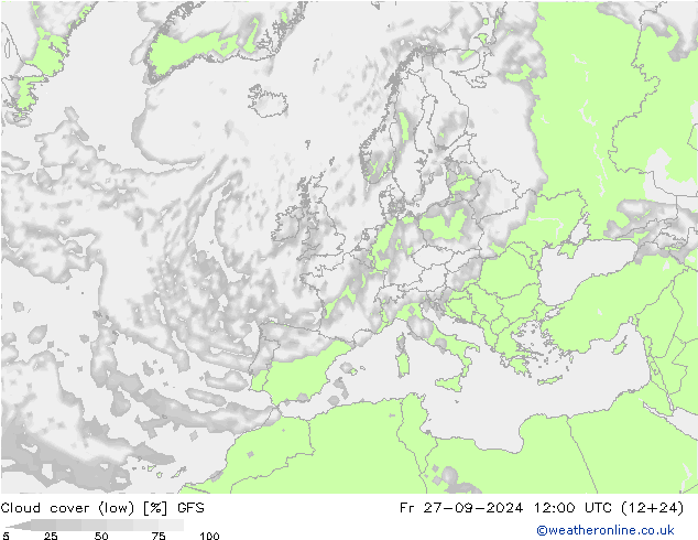 Cloud cover (low) GFS Fr 27.09.2024 12 UTC