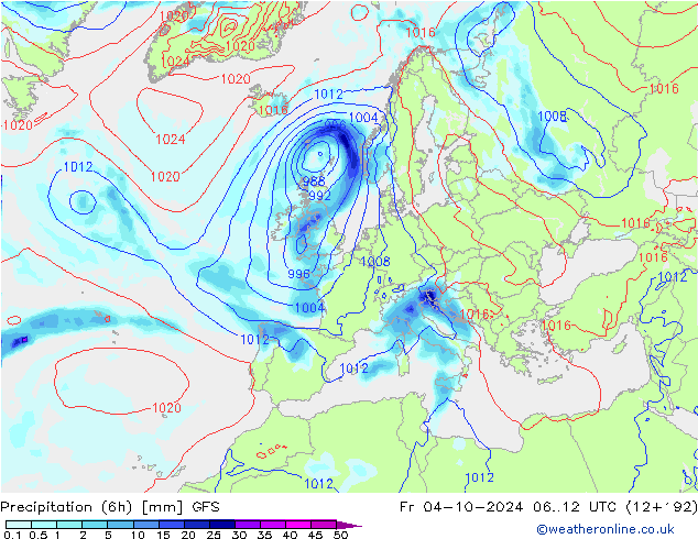 Z500/Rain (+SLP)/Z850 GFS Sex 04.10.2024 12 UTC