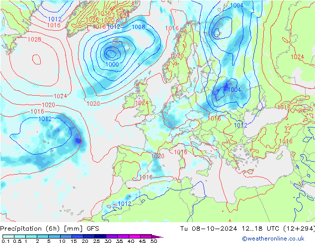 Precipitation (6h) GFS Tu 08.10.2024 18 UTC