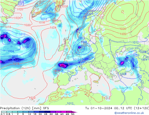 Totale neerslag (12h) GFS di 01.10.2024 12 UTC