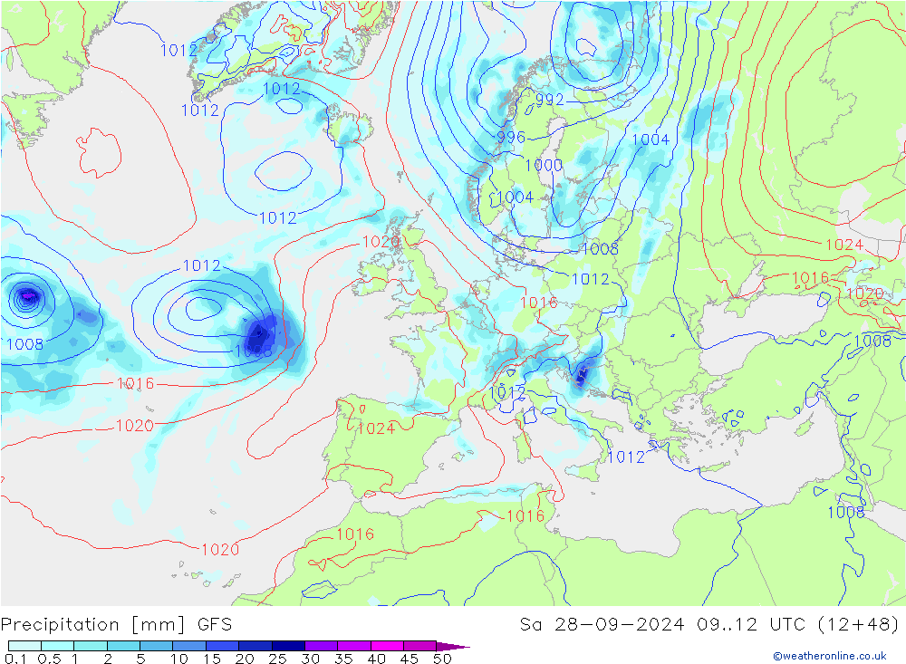 Srážky GFS So 28.09.2024 12 UTC