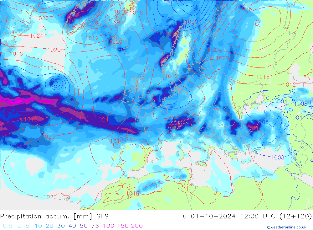 Totale neerslag GFS di 01.10.2024 12 UTC