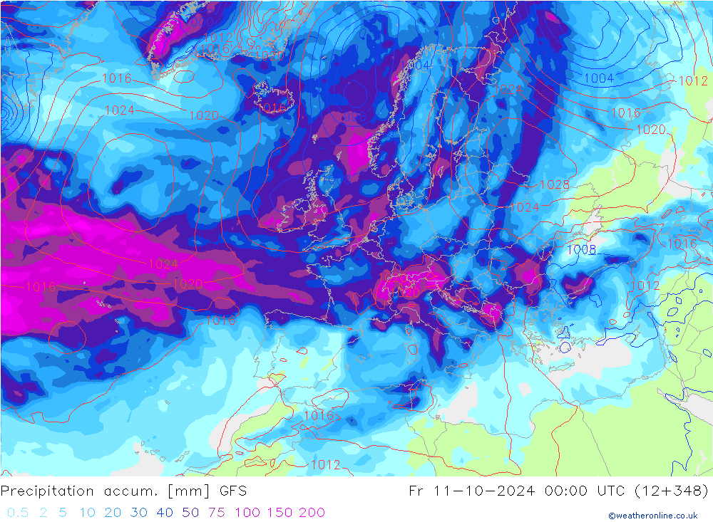 Precipitación acum. GFS vie 11.10.2024 00 UTC