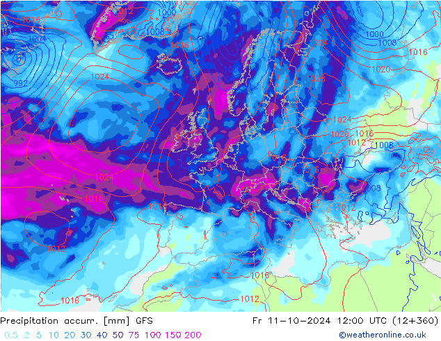 Precipitation accum. GFS Fr 11.10.2024 12 UTC