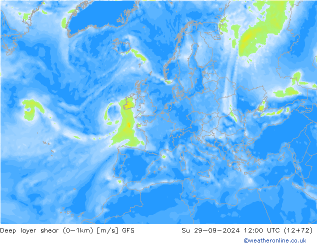 Deep layer shear (0-1km) GFS Ne 29.09.2024 12 UTC