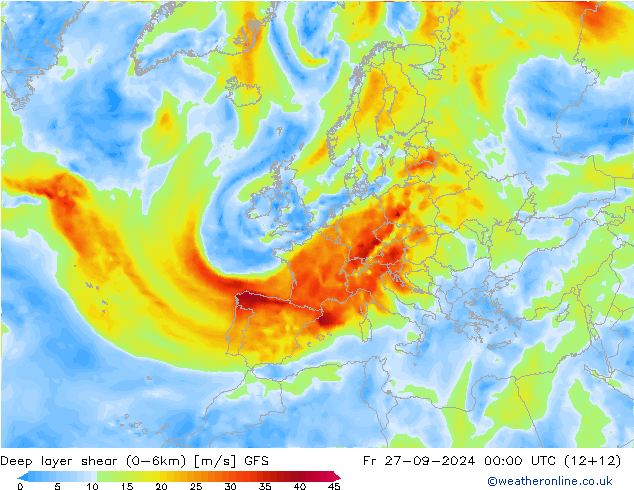 Deep layer shear (0-6km) GFS Fr 27.09.2024 00 UTC