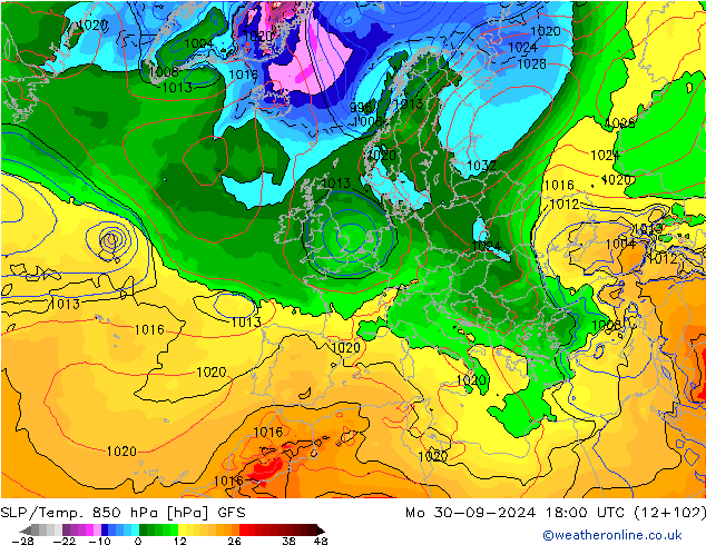 SLP/Temp. 850 hPa GFS Mo 30.09.2024 18 UTC