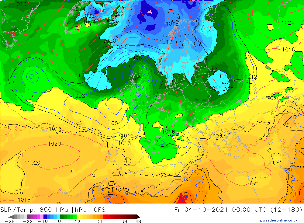 SLP/Temp. 850 hPa GFS vr 04.10.2024 00 UTC