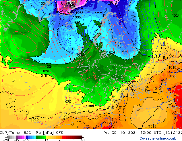 SLP/Temp. 850 hPa GFS mer 09.10.2024 12 UTC