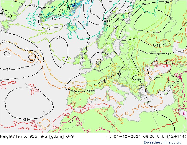 Height/Temp. 925 hPa GFS mar 01.10.2024 06 UTC