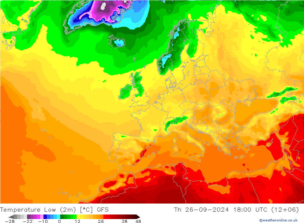 temperatura mín. (2m) GFS Qui 26.09.2024 18 UTC