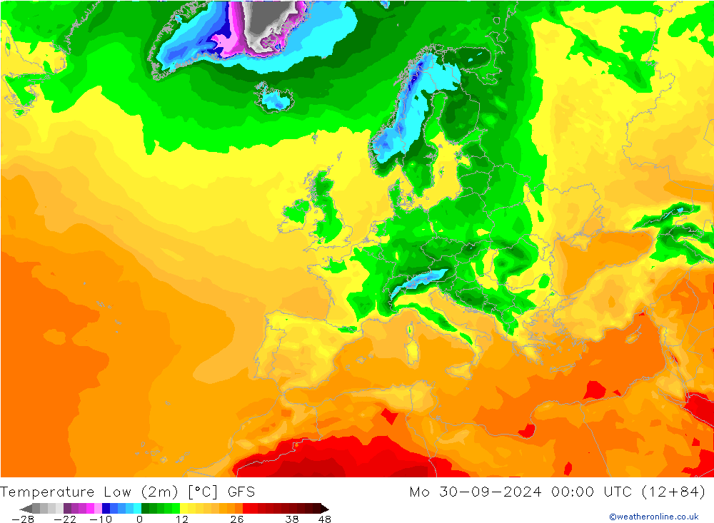 Min.temperatuur (2m) GFS ma 30.09.2024 00 UTC