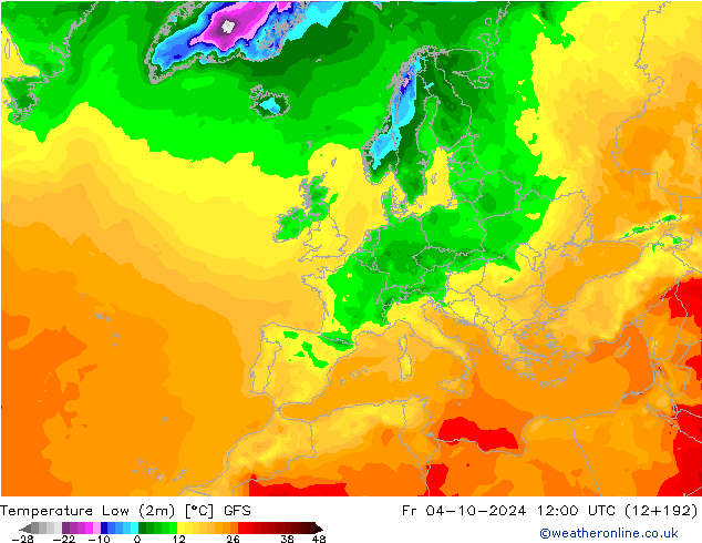 Min. Temperatura (2m) GFS pt. 04.10.2024 12 UTC