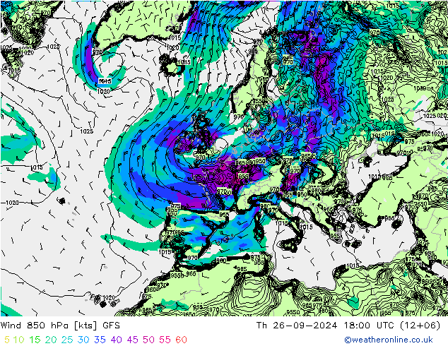 Wind 850 hPa GFS Th 26.09.2024 18 UTC