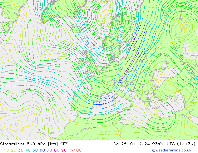 Streamlines 500 hPa GFS Sa 28.09.2024 03 UTC