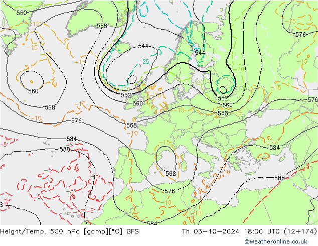 Z500/Rain (+SLP)/Z850 GFS Th 03.10.2024 18 UTC