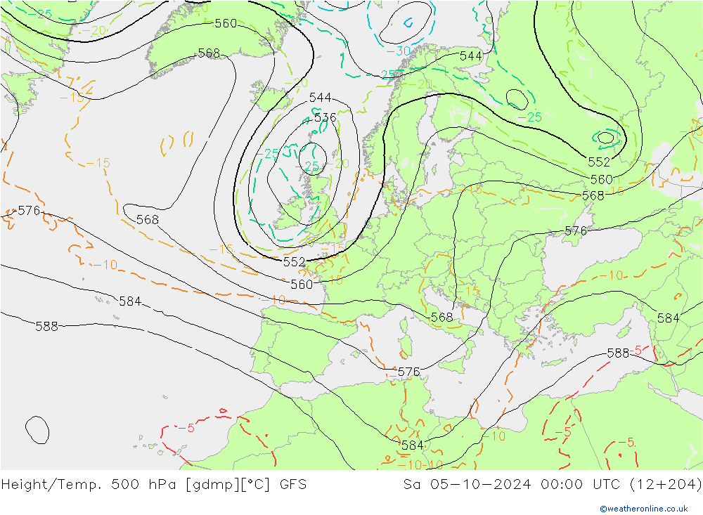 Z500/Rain (+SLP)/Z850 GFS Sa 05.10.2024 00 UTC