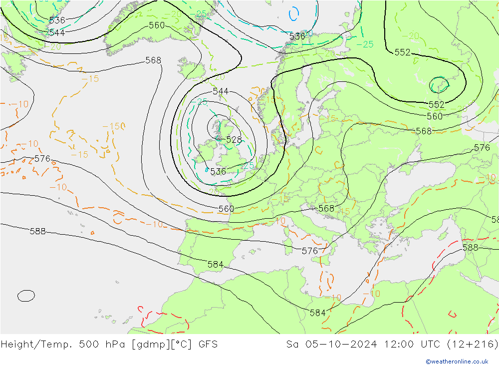 Z500/Rain (+SLP)/Z850 GFS Sa 05.10.2024 12 UTC