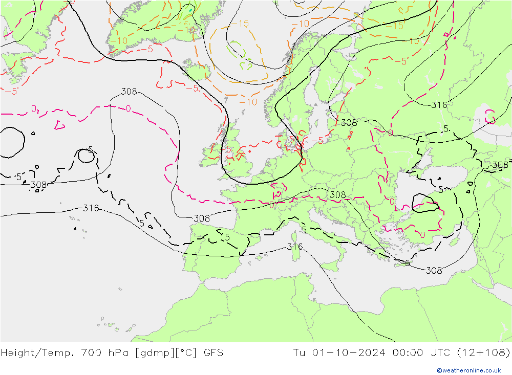 Hoogte/Temp. 700 hPa GFS di 01.10.2024 00 UTC