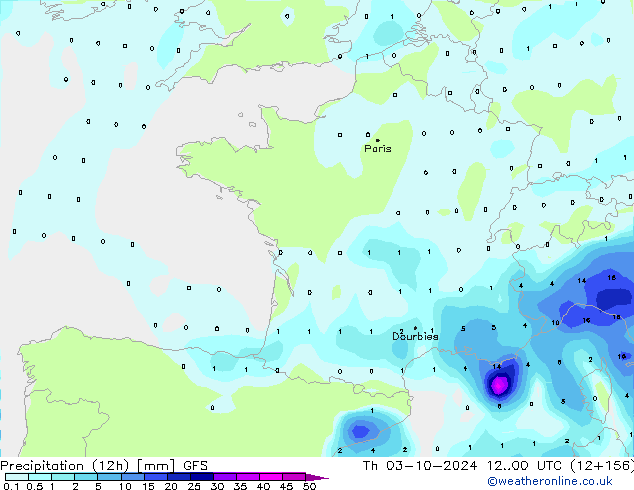 Precipitation (12h) GFS Th 03.10.2024 00 UTC