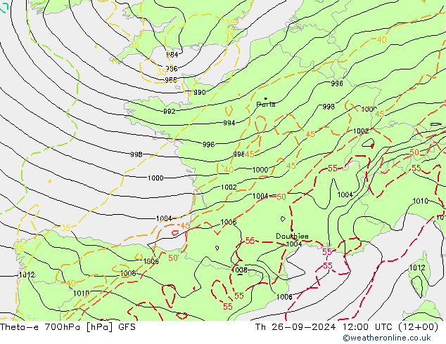 Theta-e 700hPa GFS gio 26.09.2024 12 UTC