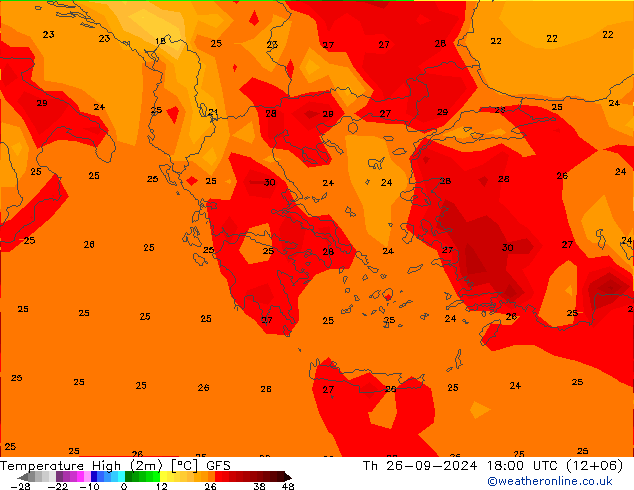 temperatura máx. (2m) GFS Qui 26.09.2024 18 UTC