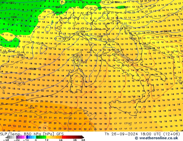 SLP/Temp. 850 hPa GFS czw. 26.09.2024 18 UTC