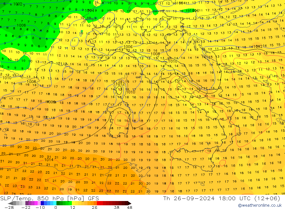 SLP/Temp. 850 hPa GFS Qui 26.09.2024 18 UTC