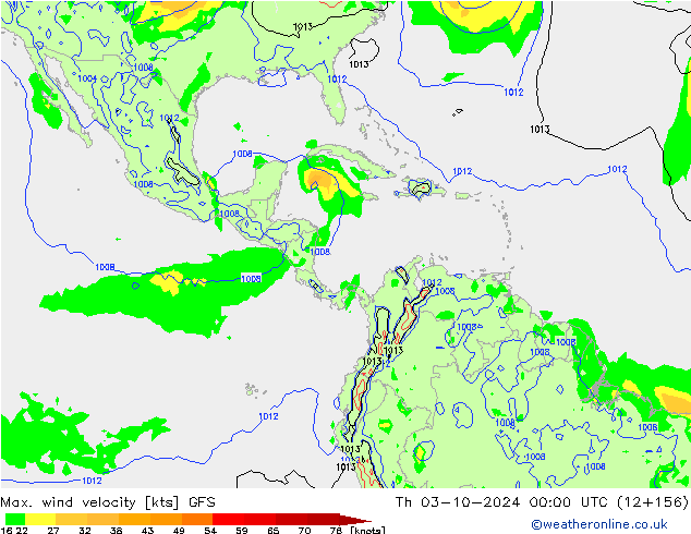 Max. wind velocity GFS Qui 03.10.2024 00 UTC