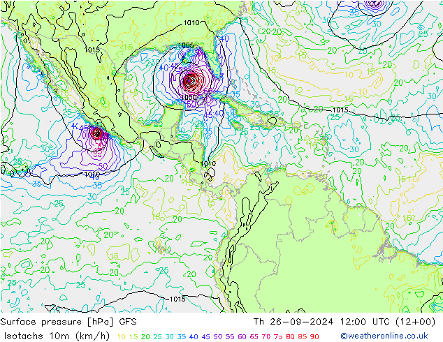 Isotachs (kph) GFS gio 26.09.2024 12 UTC