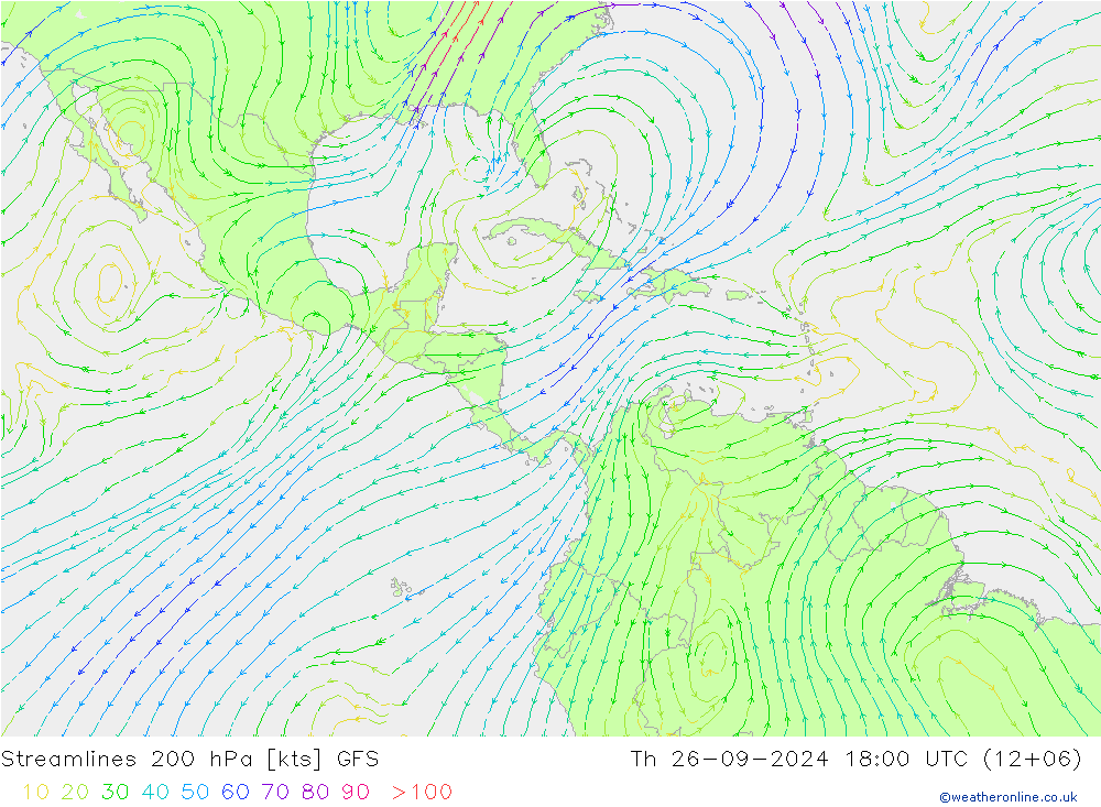 Linha de corrente 200 hPa GFS Qui 26.09.2024 18 UTC