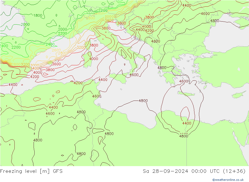 Isotherme 0° GFS sam 28.09.2024 00 UTC