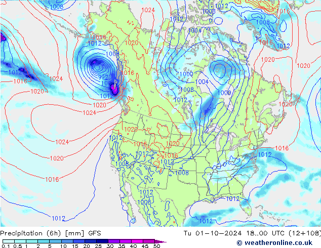 Z500/Rain (+SLP)/Z850 GFS  01.10.2024 00 UTC