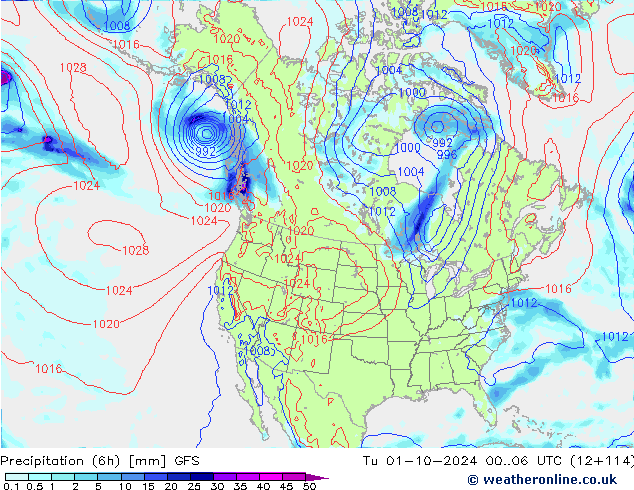 Z500/Rain (+SLP)/Z850 GFS Ter 01.10.2024 06 UTC