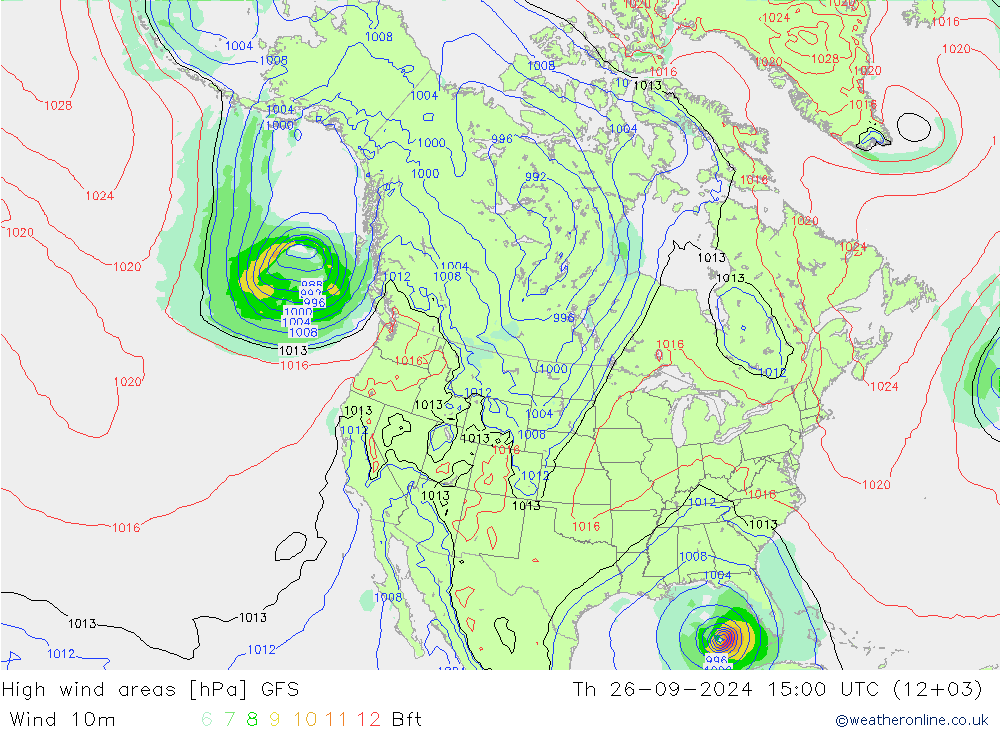 High wind areas GFS Čt 26.09.2024 15 UTC