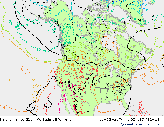 Hoogte/Temp. 850 hPa GFS vr 27.09.2024 12 UTC