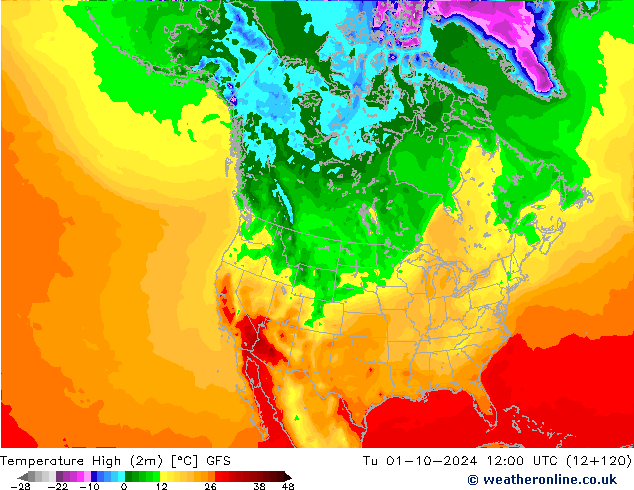 température 2m max GFS mar 01.10.2024 12 UTC