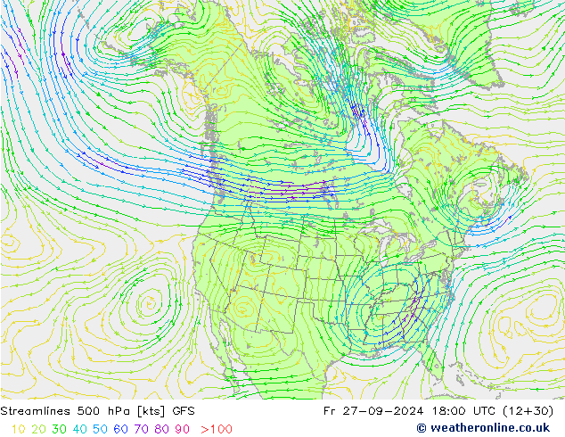 Linea di flusso 500 hPa GFS ven 27.09.2024 18 UTC