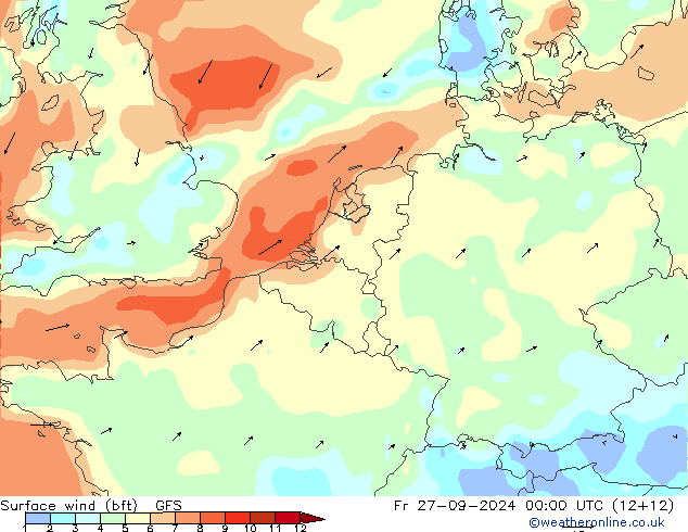 Wind 10 m (bft) GFS vr 27.09.2024 00 UTC