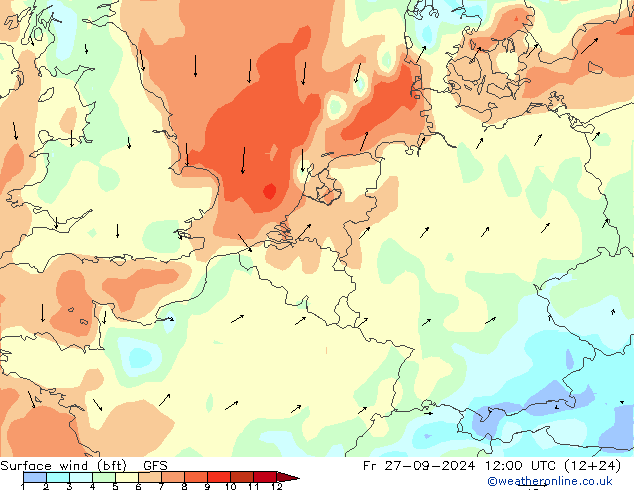 Wind 10 m (bft) GFS vr 27.09.2024 12 UTC